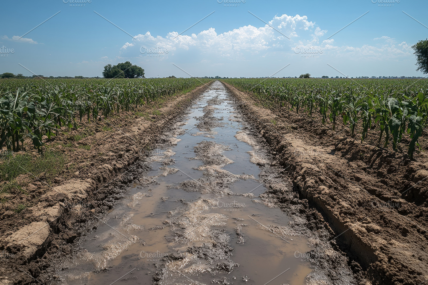 Crop field with waterlogged irrigati, a Photo by Tanuart