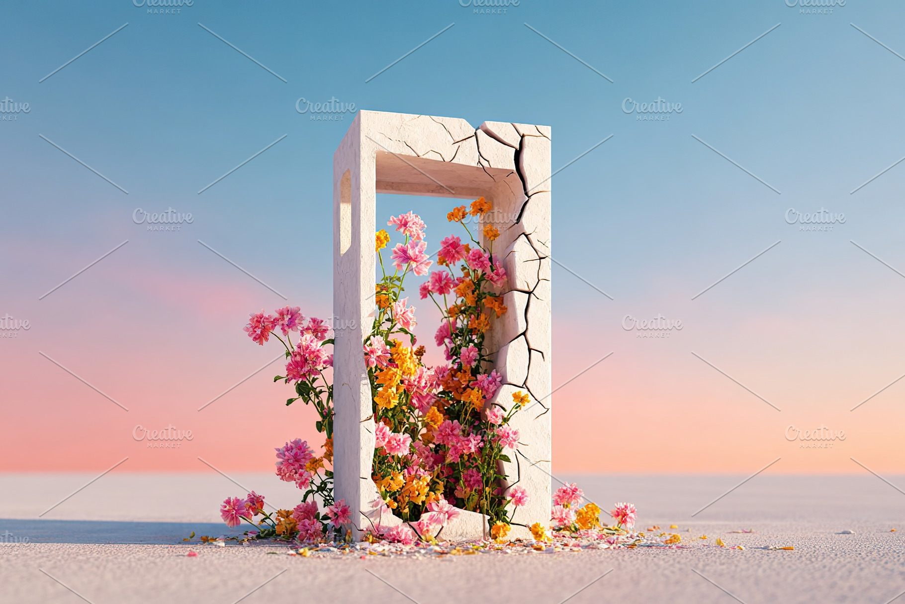 Phone booth transformed with vibrant flowers blooming through cracks at sunset, a Photo by AlyaAnd