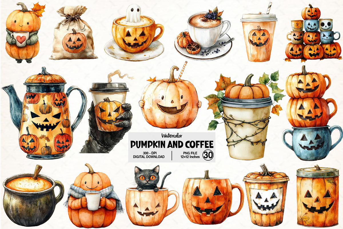Pumpkin and Coffee Halloween Bundle, an Illustration by Pixels.Craft (Photo 1 of 7)