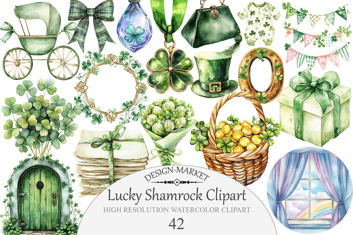 Watercolor Lucky Shamrock Clipart, an Illustration by Design Market (Photo 1 of 5)