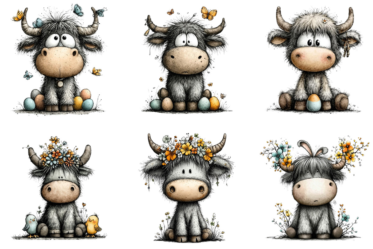 Whimsical Easter Highland Cow Clipar, an Illustration by CraftArtStudio