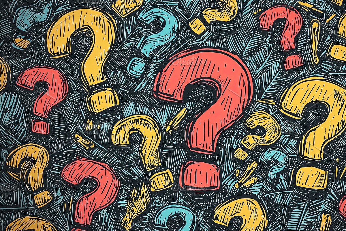 Colorful hand-drawn question marks on textured background, an Illustration by AS photostudio