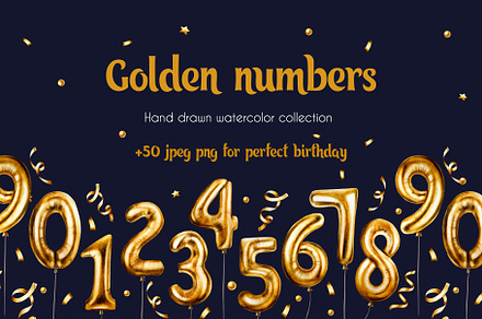 Golden birthday numbers watercolor, a Decorative Illustration by Navenzeles