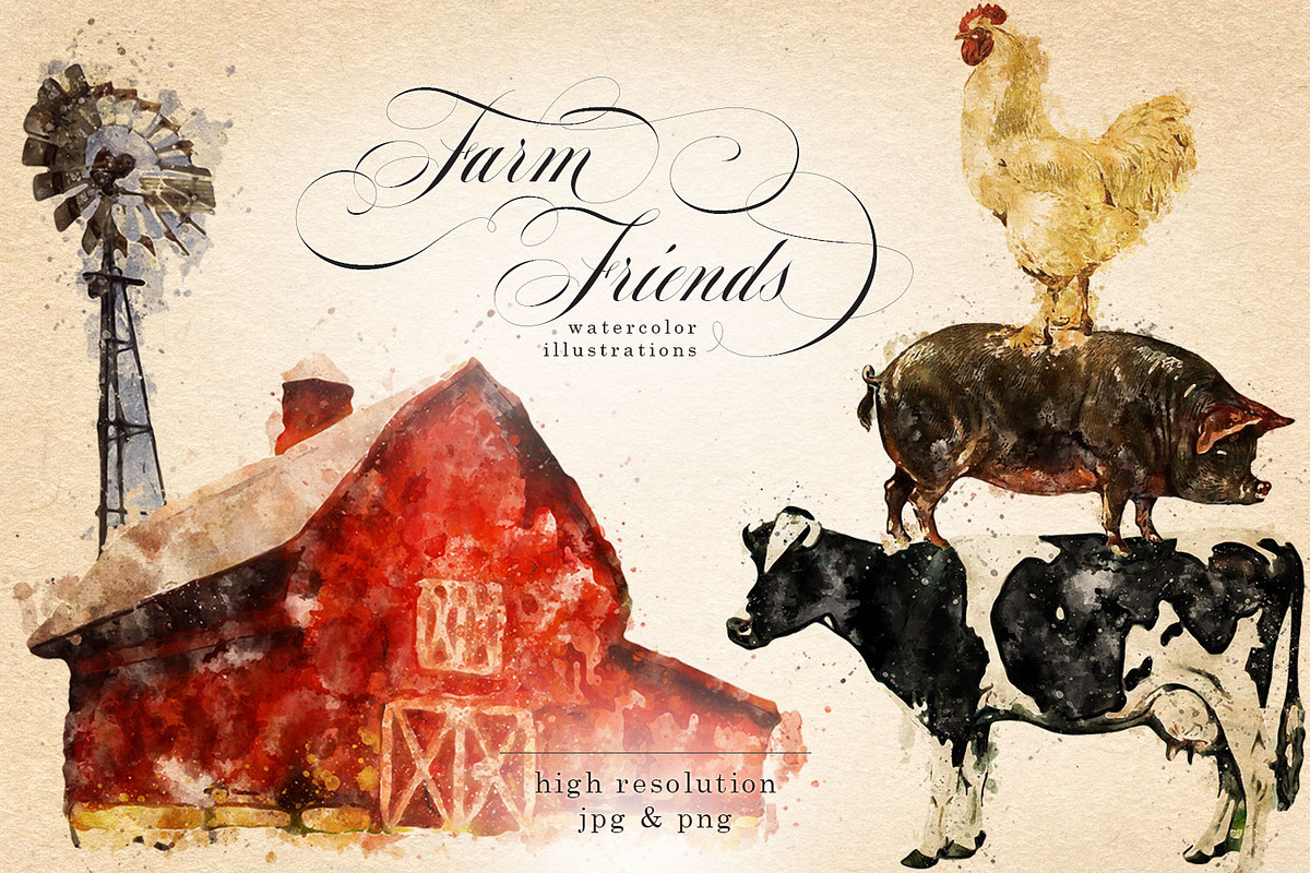 Farm Friends Watercolor Graphics, an Animal Illustration by Eclectic ...
