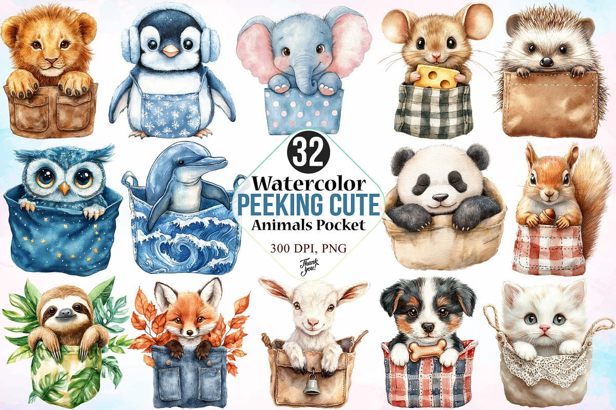 Watercolor Peeking Cute Animals PNG, an Animal Illustration by Canvas Craft (Photo 1 of 3)