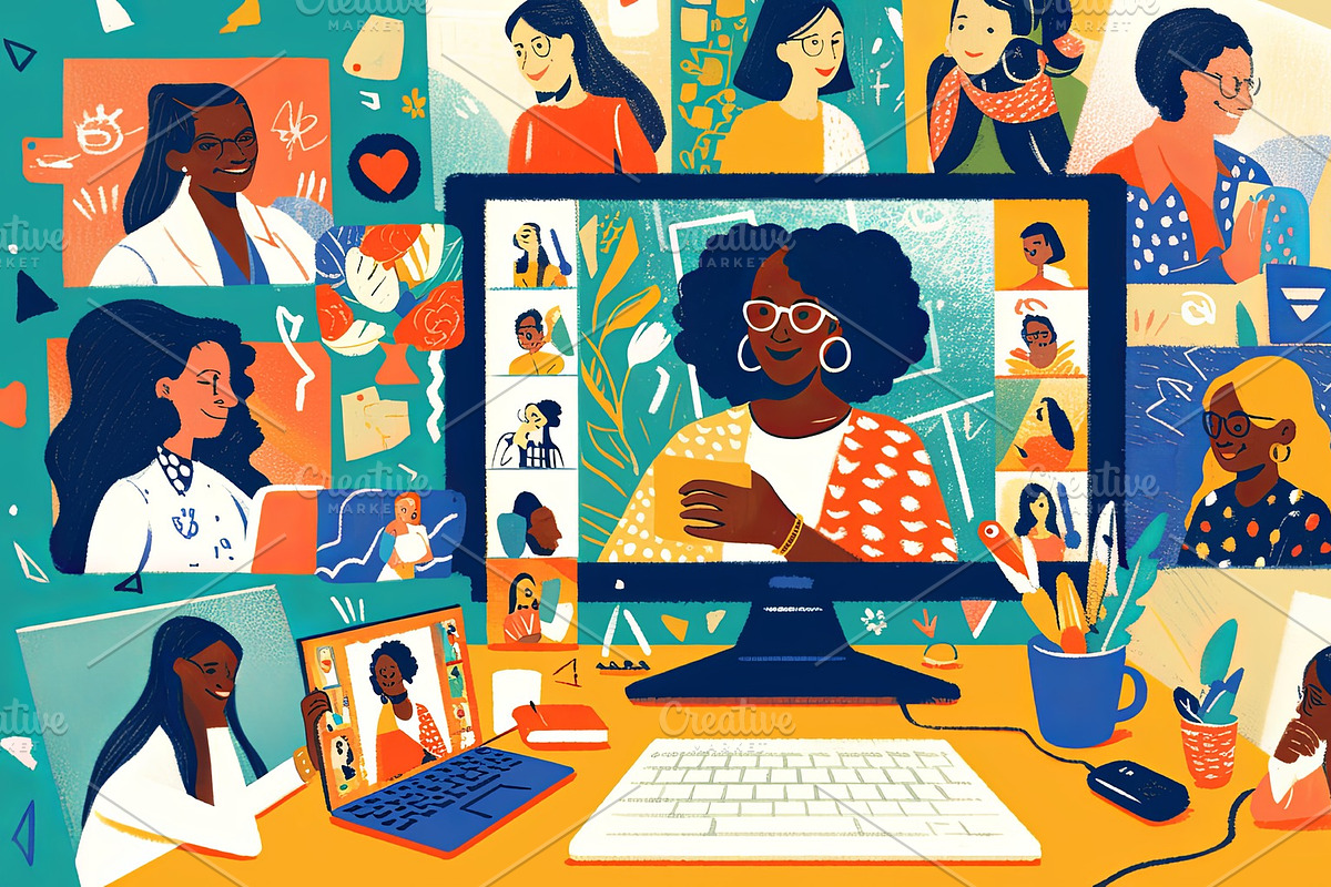 Diverse online meeting with colorful and smiling participants on screen, an Illustration by AS photostudio