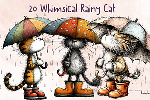 Whimsical Funny Rainy Cat Clipart