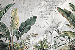 Tropical Leaves on Brick Wall