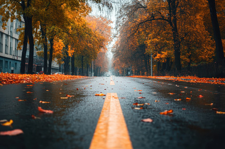The autumn air fills an empty road, a Photo by Pavel_design