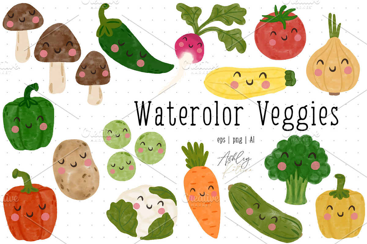 Watercolor Veggies with & w/o Faces, an Illustration by Ashley Katrina (Photo 2 of 10)