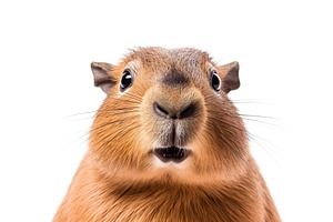 Cute brown capybara animal looking at camera isolated on white b, a Photo by Dvoevnore photos