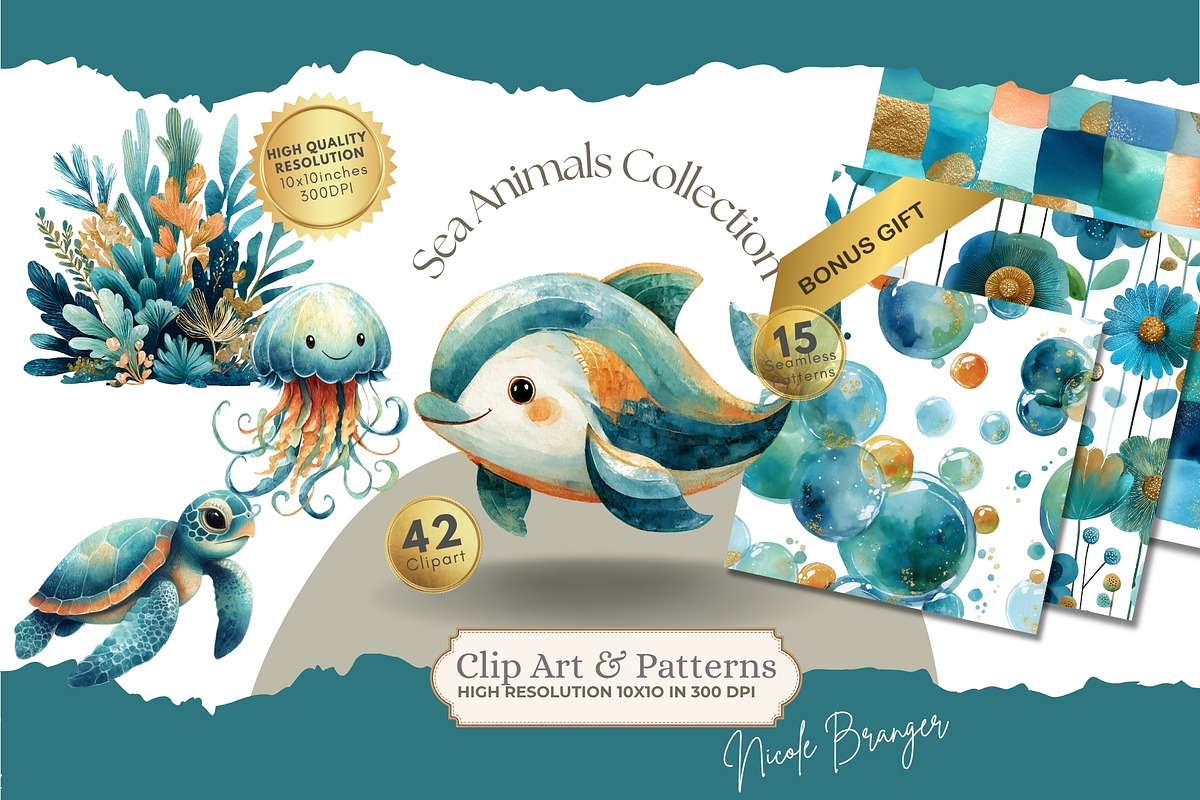 Sea Animals Clip Art Bundle, an Animal Illustration by Nicole Branger Art (Photo 1 of 19)