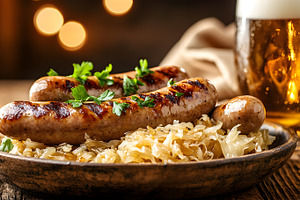 Grilled sausages with sauerkraut and, a Food & Drink Photo by Photostock