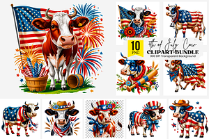 4th of July Cute Cow PNG Bundle, an Illustration by Clipart Bloom
