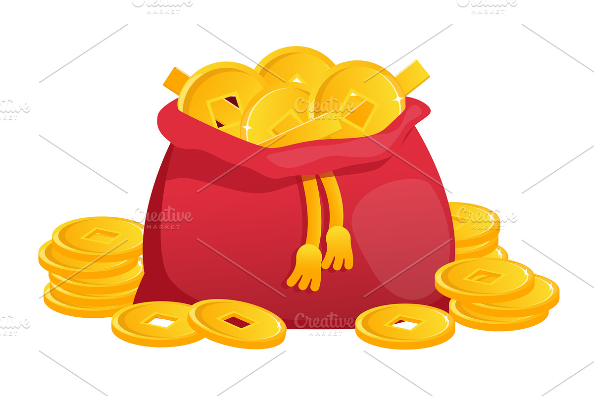 Red bag and gold coins with square, an Object Illustration by Vectorbuum
