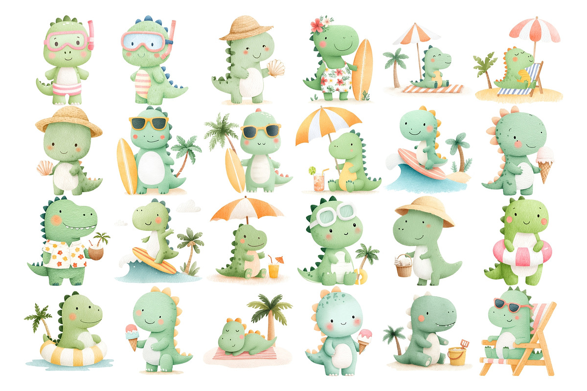 Beach Dino Watercolor Clipart PNG, a Seasonal Illustration by Nicolle's Colorful Art (Photo 2 of 4)