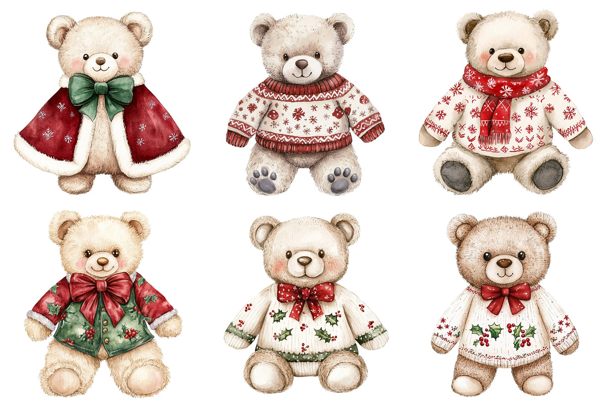 Watercolor Christmas Teddy Bear Clip, a Seasonal Illustration by CitraGraphics (Photo 6 of 7)