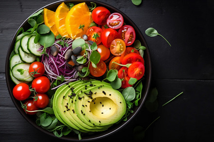 Salad bowl with avocado, tomatoes, cucumbers