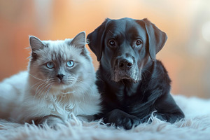 A fluffy white cat and a black Labrador relax together on a cozy rug, showcasin, an Animal Photo by ImageMir