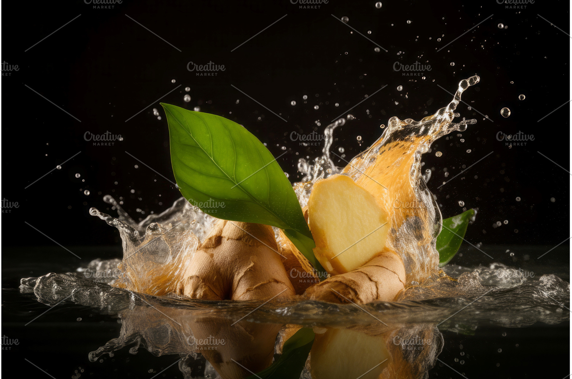 Ginger root in water splashes, a Nature Photo by Ylivdesign