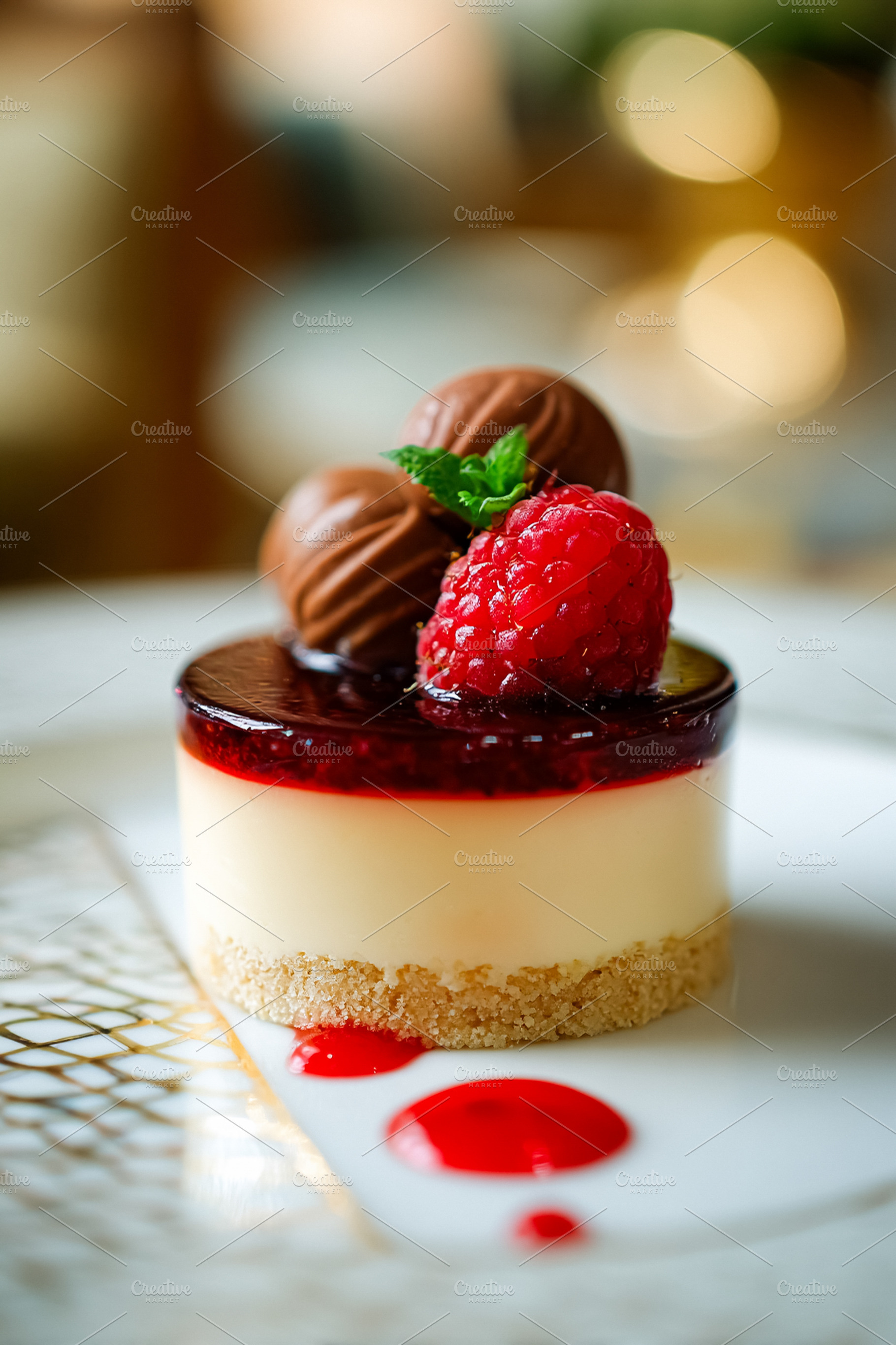 Dessert on a plate, a cheesecake with raspberry topping, fresh r, a Photo by Studio ANNA