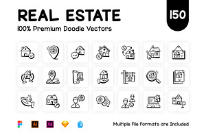 Pack Of 150 Doodle Real Estate Icons