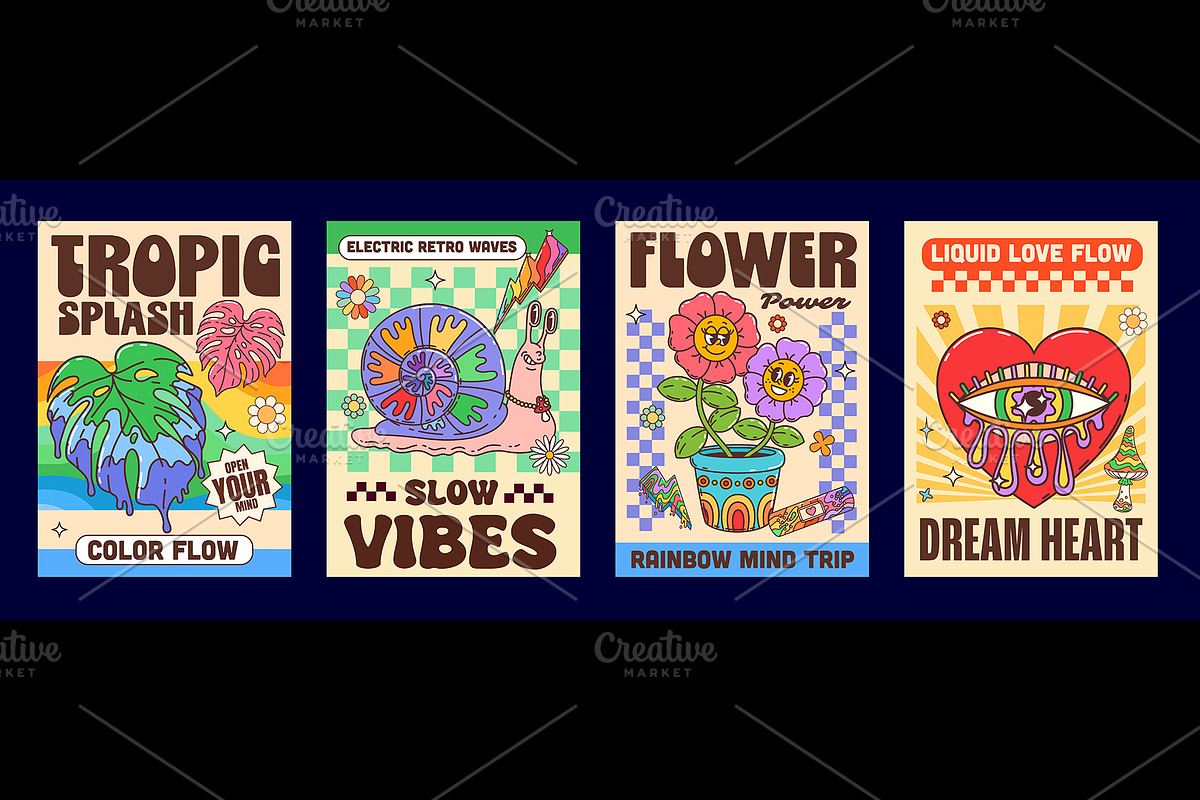 Y2K groovy hippie poster set, a Decorative Illustration by Buch&Bee (Photo 1 of 3)