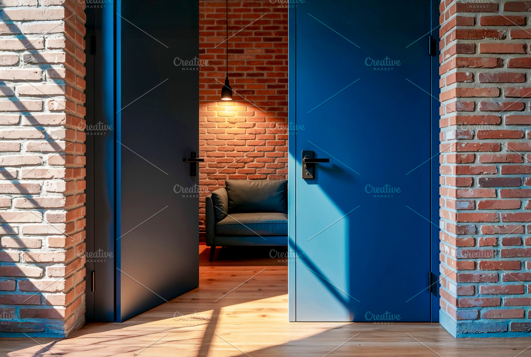 Open blue door in a modern loft, a Photo by rarrarorro