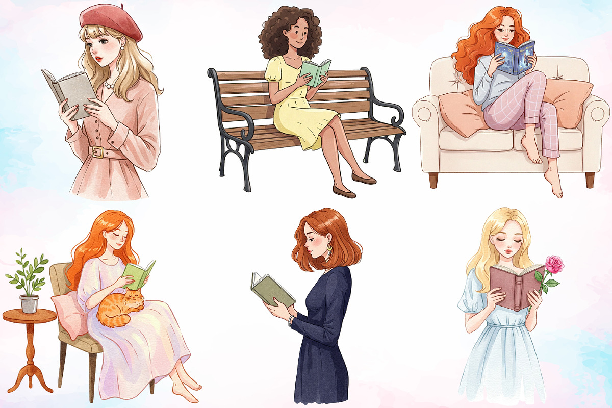 Watercolor Woman Reading Clipart PNG, an Illustration by Canvas Craft (Photo 2 of 5)