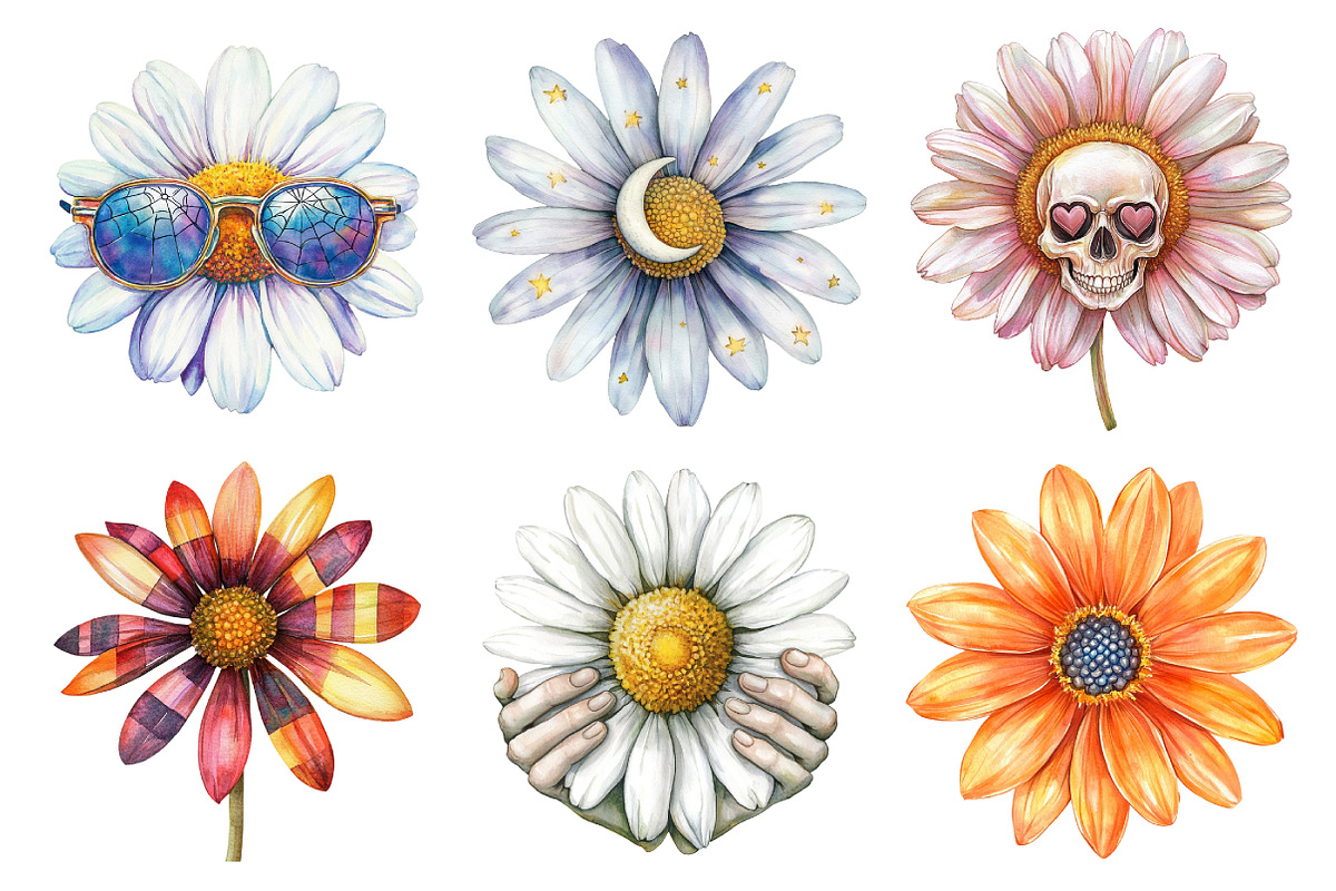 Watercolor Groovy Halloween Daisies, an Illustration by Daily.Designs (Photo 2 of 5)