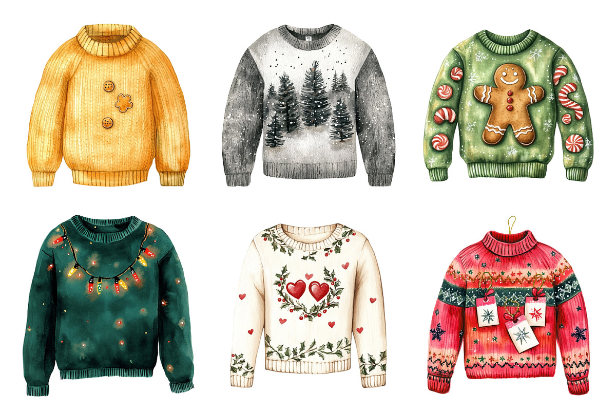 Watercolor Christmas Sweater Clipart, an Illustration by Daily.Designs (Photo 5 of 5)