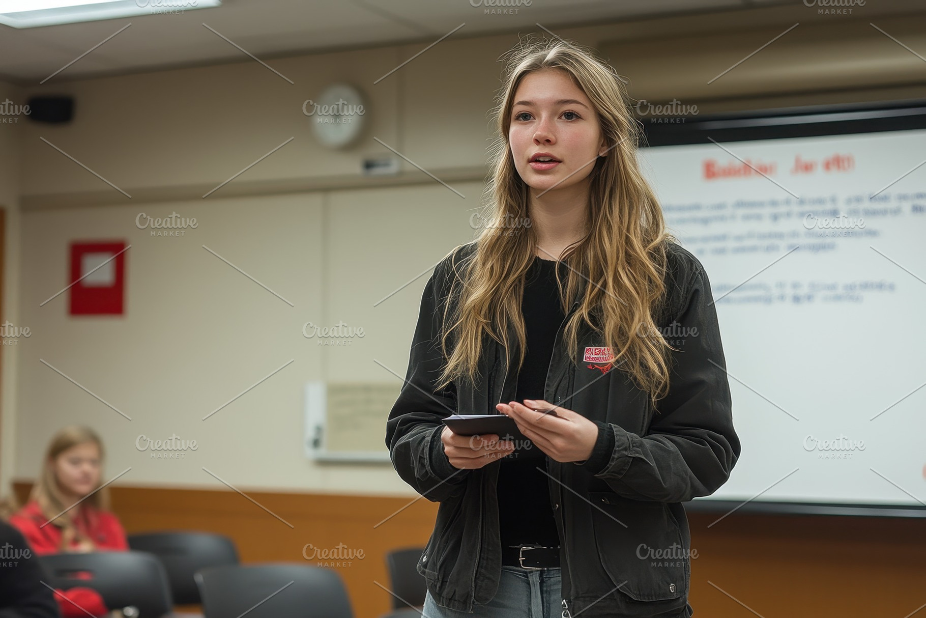 Student presents a project in a clas, a Photo by Tanuart
