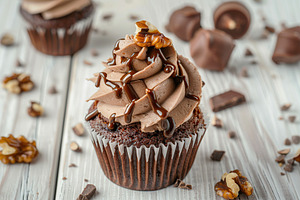 Chocolate cupcake with whipped cream and walnut on wooden table, a Food & Drink Photo by AlyaAnd