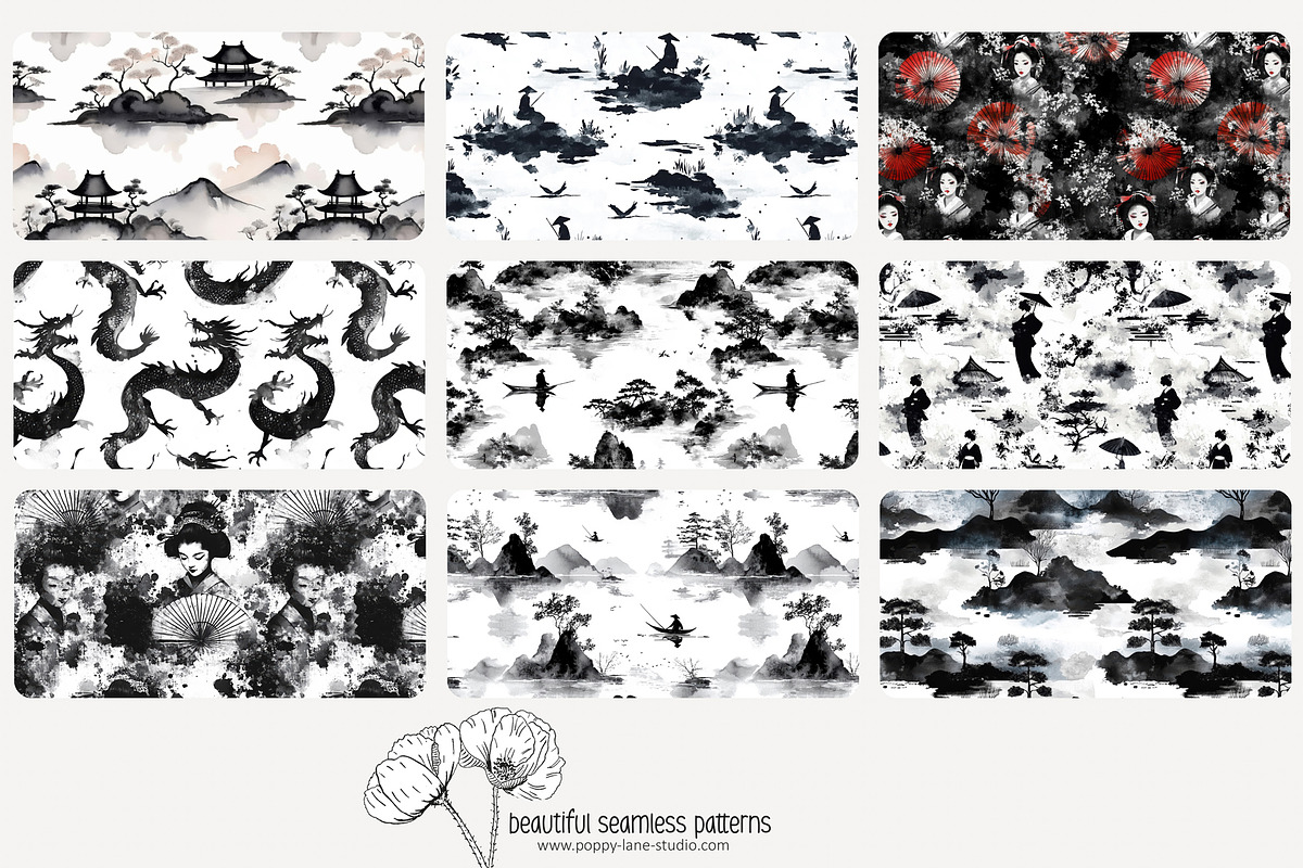 70 Asian ink wash seamless pattern, a Pattern Graphic by Poppy Lane Studio (Photo 5 of 10)