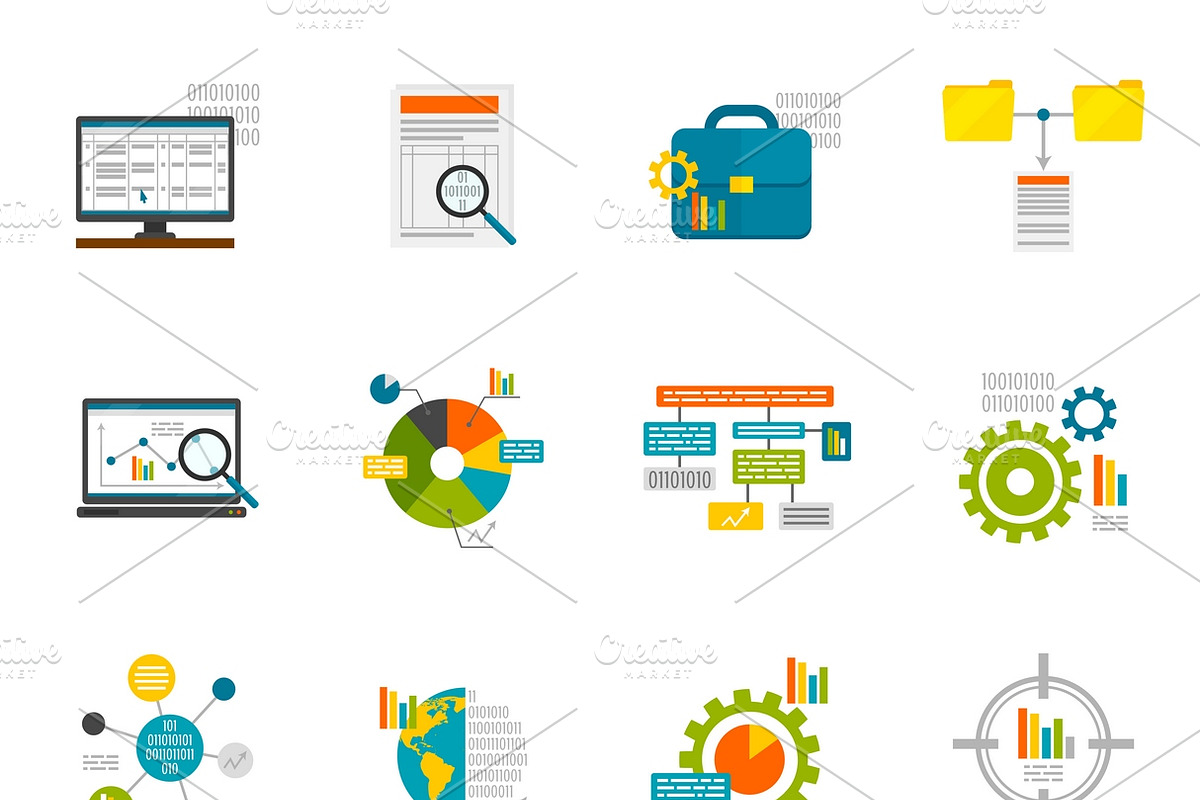 Data analytics flat icons set, an Outline Icon by Macrovector ...