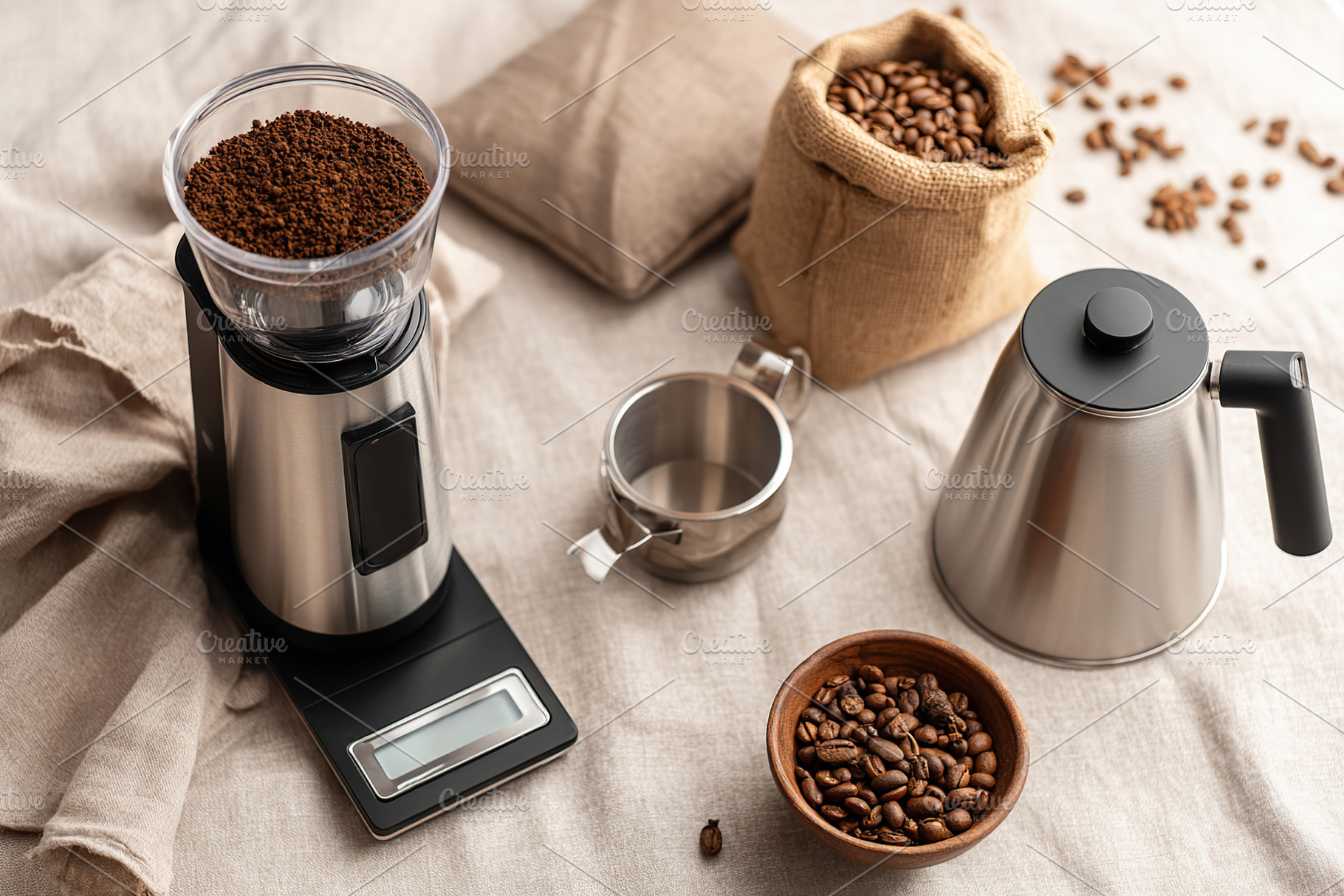 Coffee grinding setup with beans, scale, and brewing equipment in a cozy kitche, a Food & Drink Photo by AlyaAnd