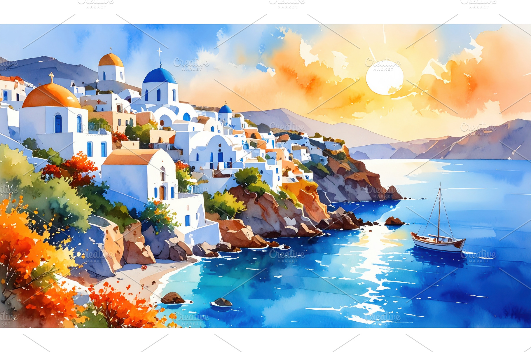 A watercolor of Santorini at sunset, an Architecture Photo by Igor Tichonow