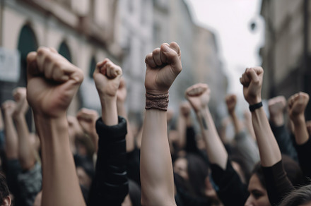 Protesters raising their fist and sh, a Photo by Iftikhar Alam