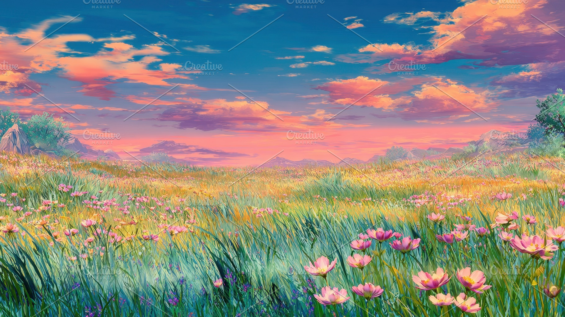Colorful flowers bloom in a vast, a Photo by Pavel_design