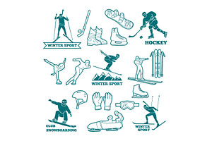 Biathlon, Sled, Skis And Other Winter Sports Monochrome Illustrations. Symbols For Labels And Logos Design