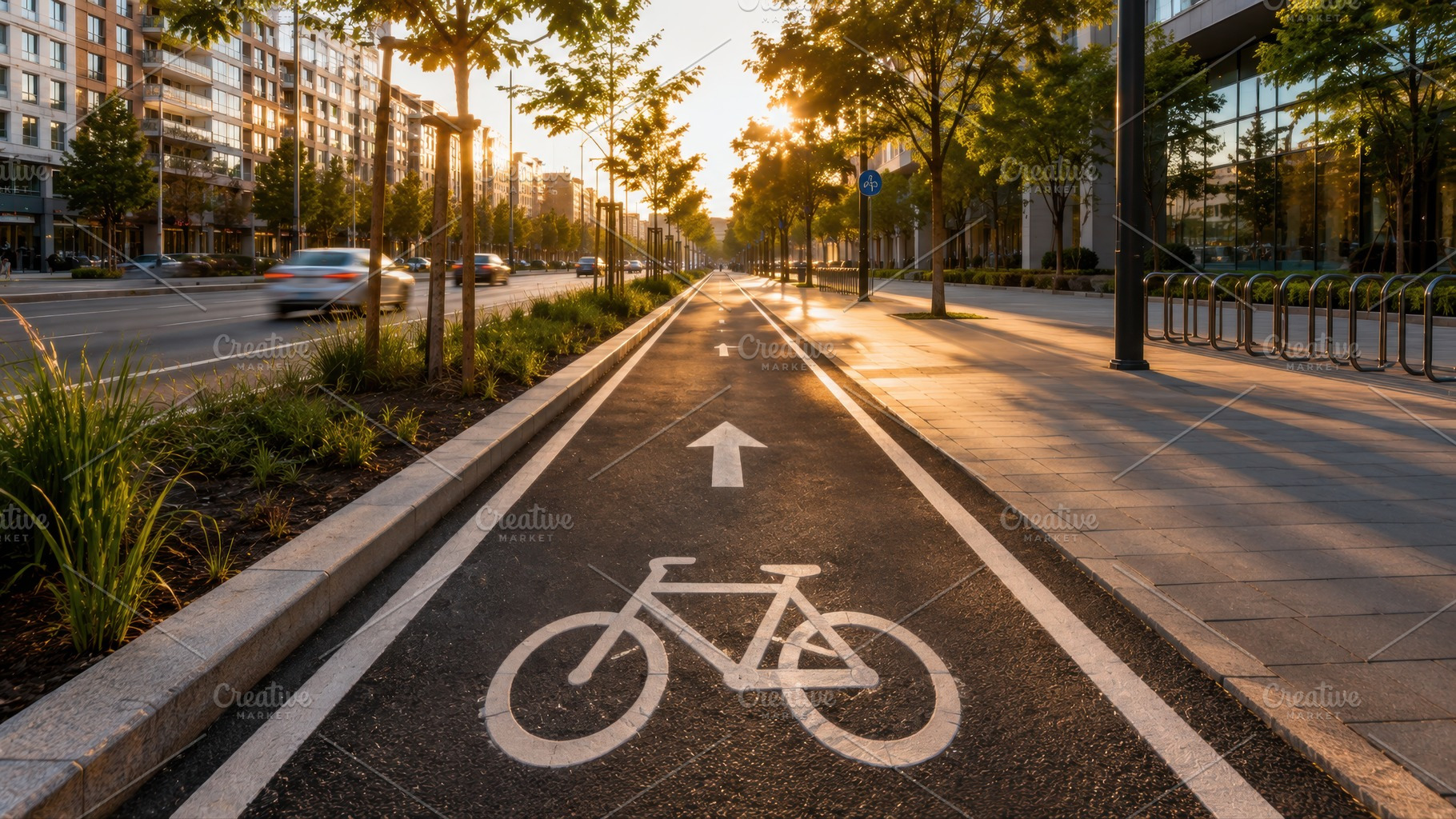 Bicycle path in city during sunset, a Photo by Beautiful things