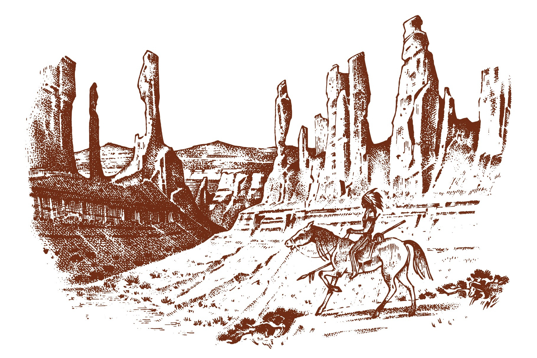 National American Indian riding horse with spear in hand. landscape ...