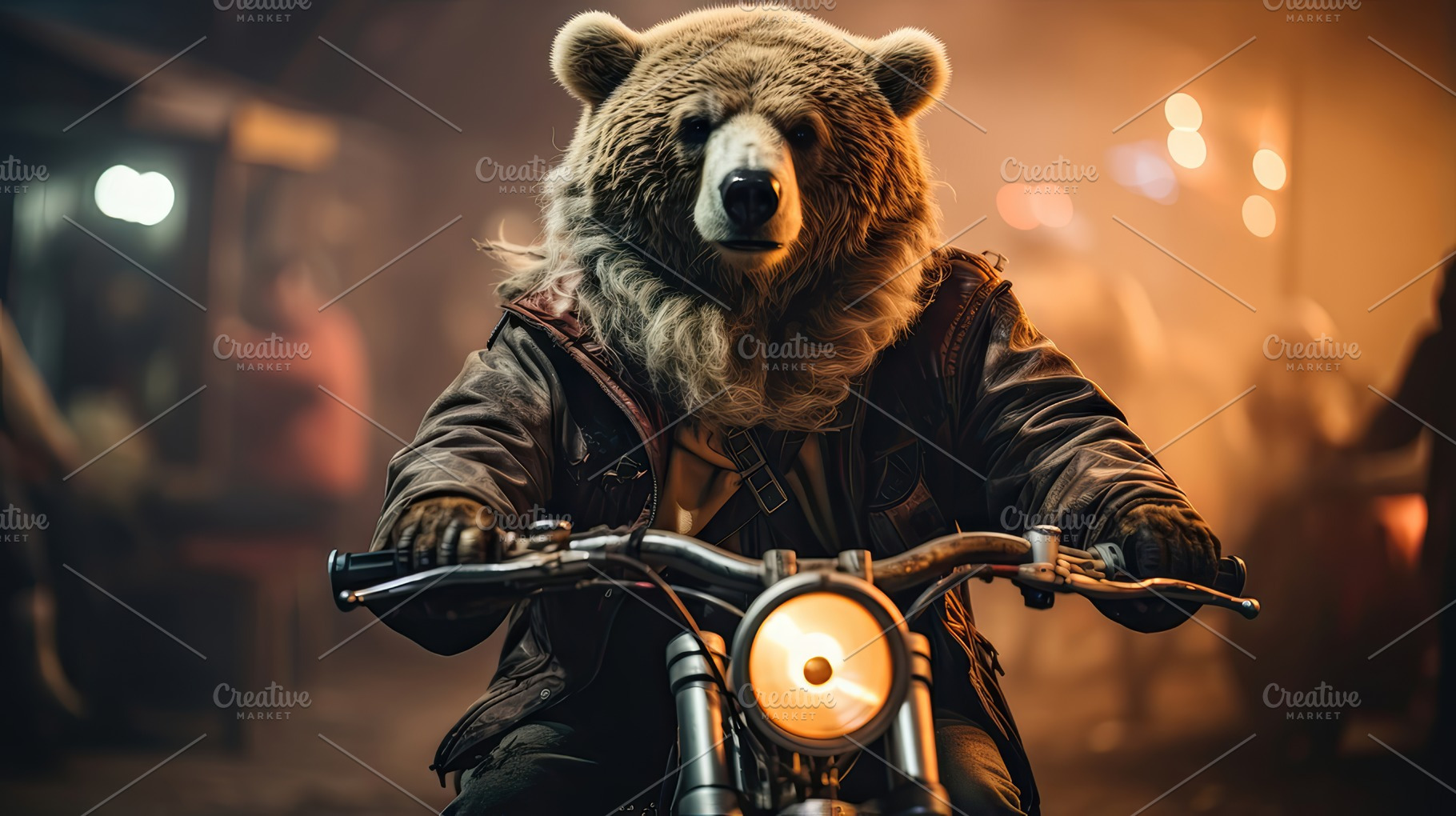 Surreal Image of a Trained Bear Riding a Motorcycle in a Fantastical Circus Set, a Photo by AS photostudio
