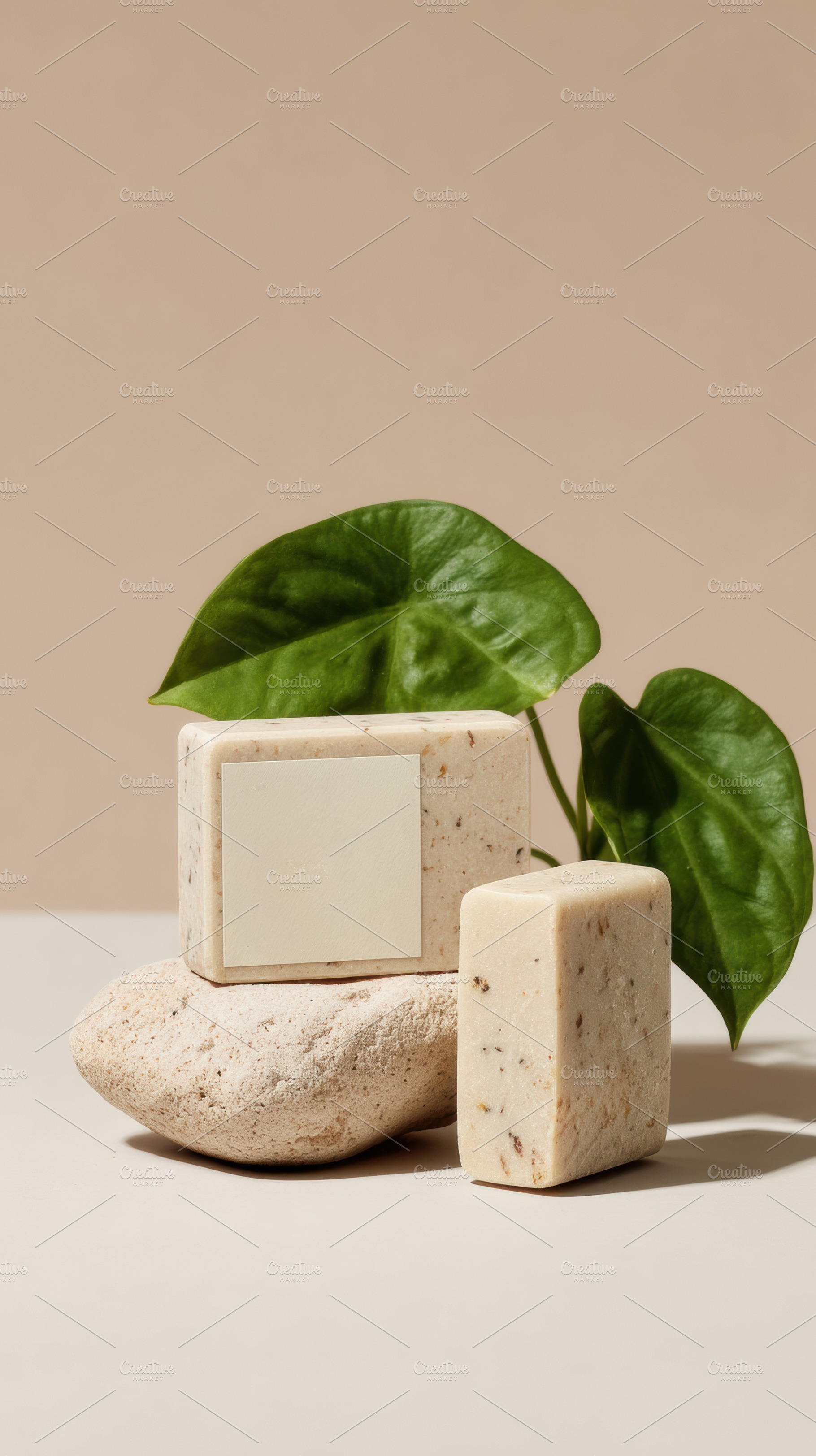 Stone soap bar and green leaf, a Photo by Virgo Studio