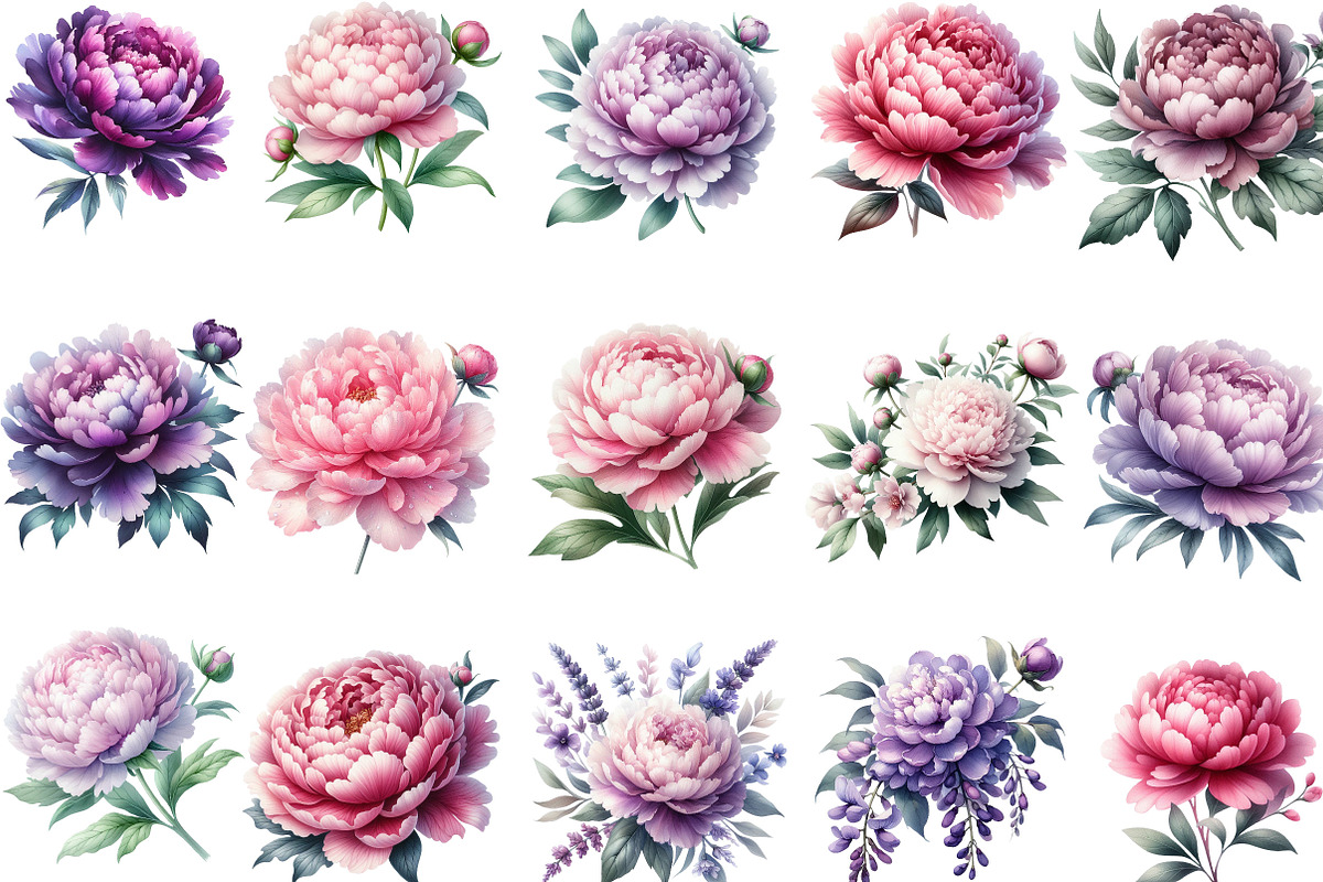 Pink & Purple Peony Flowers Clipart, an Illustration by Designking (Photo 2 of 4)