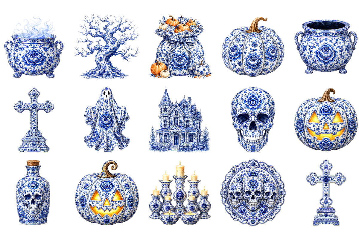 Blue Chinoiseries Halloween Clipart, a Seasonal Illustration by OK Design (Photo 3 of 6)