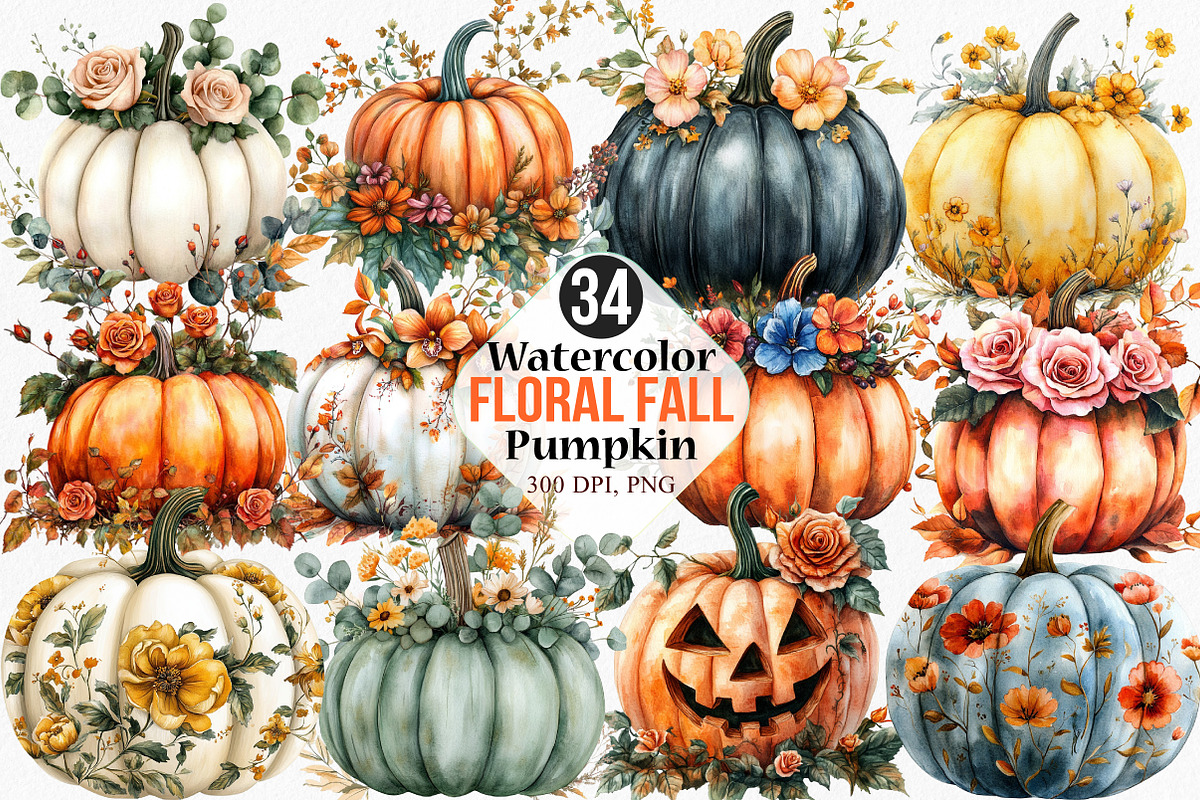 Floral Fall Pumpkin Clipart, an Illustration by Canvas Craft (Photo 1 of 8)