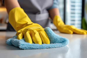 Cleaning kitchen surface with yellow, a Photo by Pixeness Studio