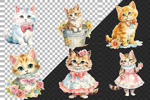 Watercolor Retro Floral Cats Clipart