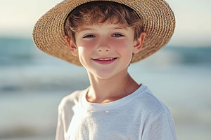 Young boy enjoys a sunny day at the beach with a straw hat and b, a Person Photo by AlyaAnd